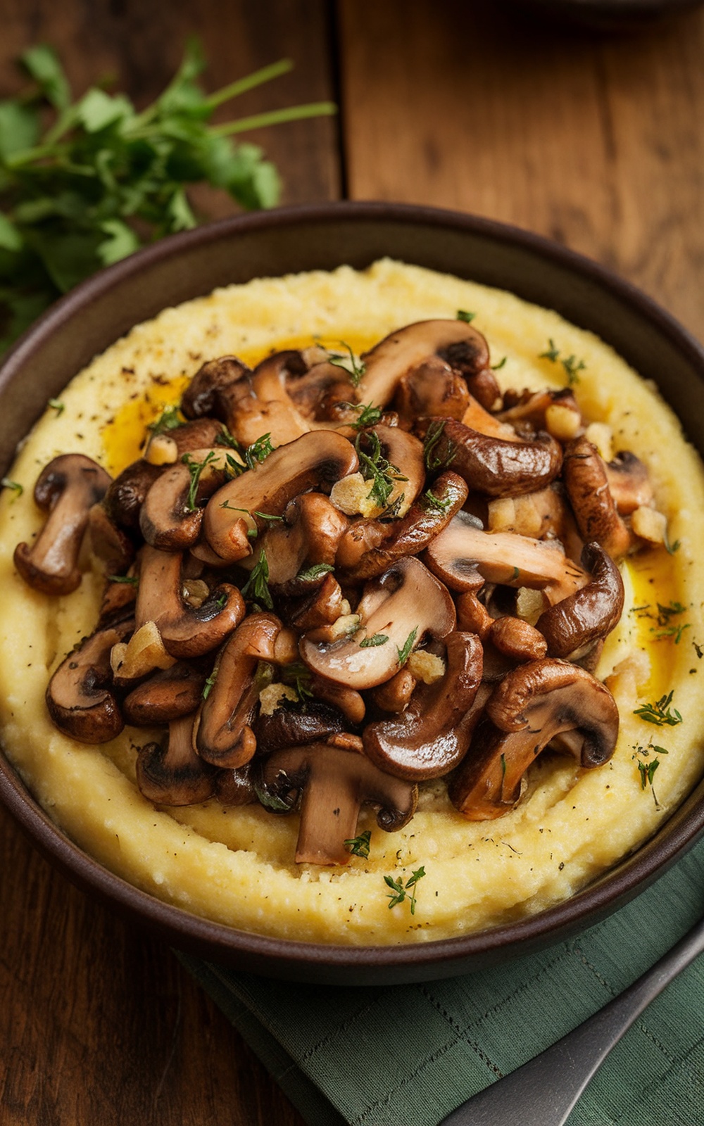 Creamy Parmesan polenta topped with sautéed wild mushrooms, garnished with parsley and truffle oil, on a rustic wooden table.
